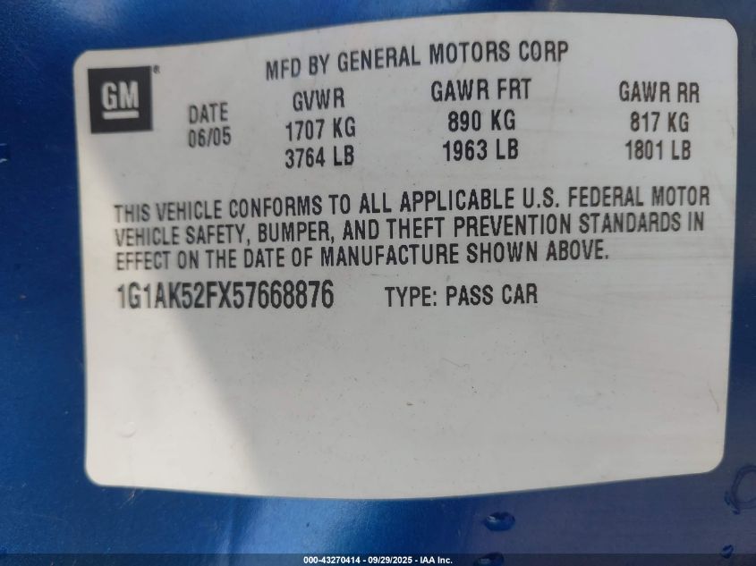 2005 Chevrolet Cobalt VIN: 1G1AK52FX57668876 Lot: 43270414