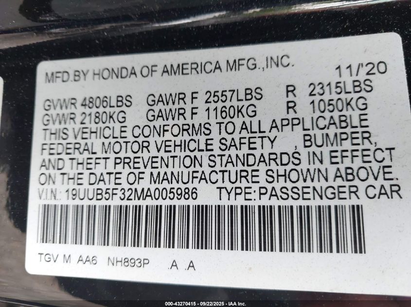 2021 Acura Tlx Standard VIN: 19UUB5F32MA005986 Lot: 43270415