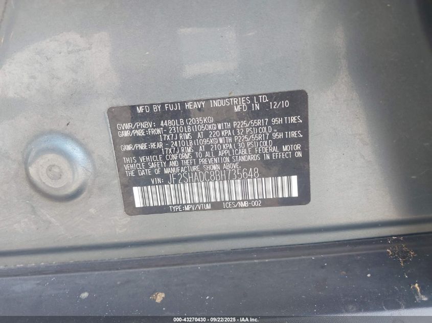 2011 Subaru Forester 2.5X Premium VIN: JF2SHADC8BH735648 Lot: 43270430
