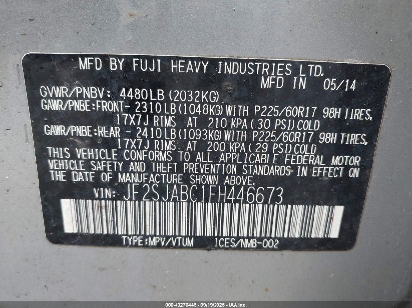 2015 Subaru Forester 2.5I VIN: JF2SJABC1FH446673 Lot: 43270445