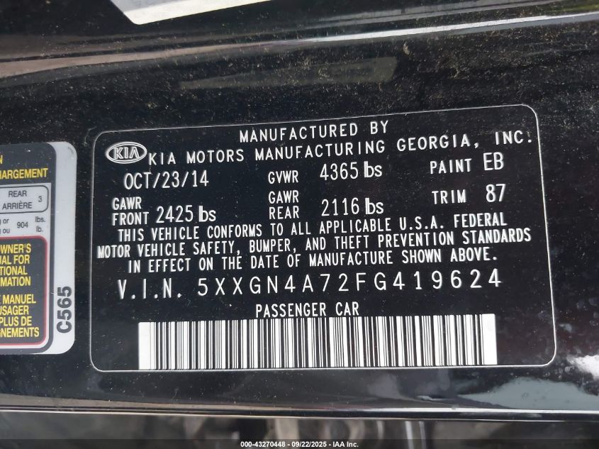 2015 Kia Optima Ex VIN: 5XXGN4A72FG419624 Lot: 43270448