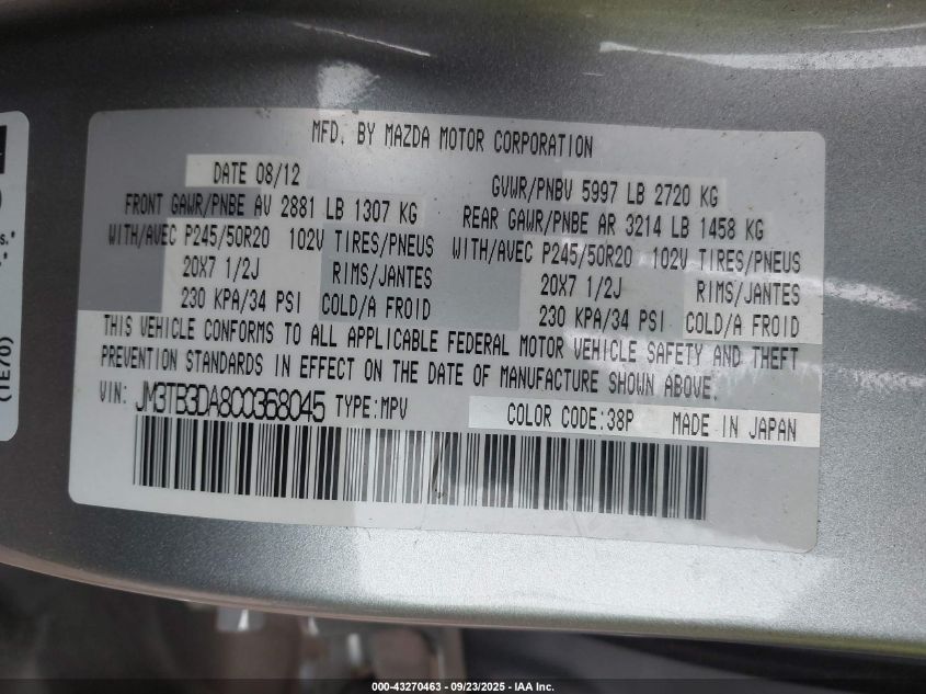 2012 Mazda Cx-9 Grand Touring VIN: JM3TB3DA8C0368045 Lot: 43270463