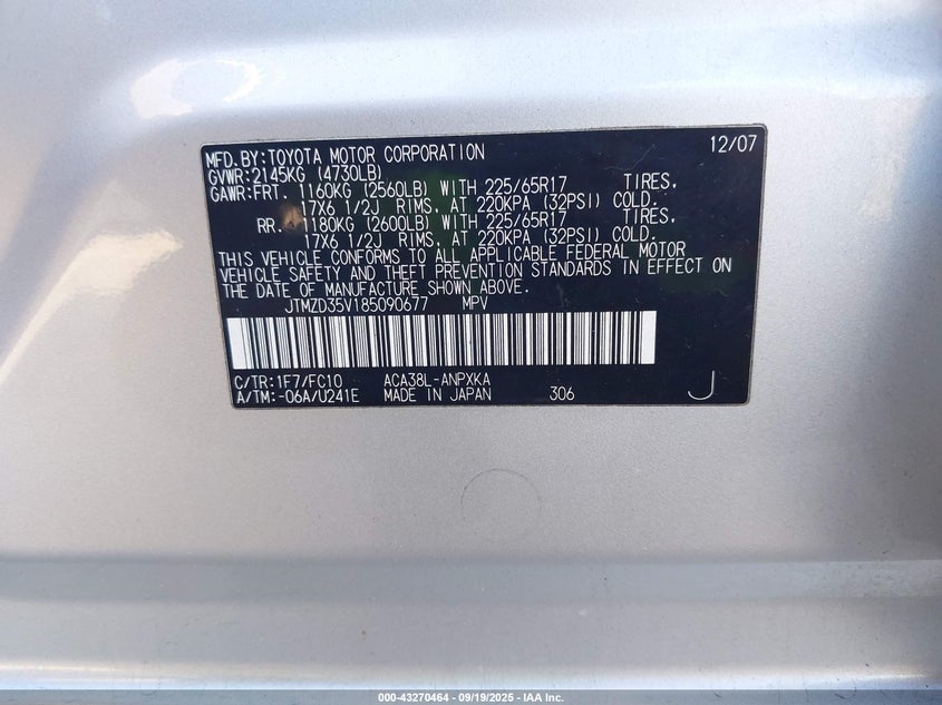 2008 Toyota Rav4 VIN: JTMZD35V185090677 Lot: 43270464