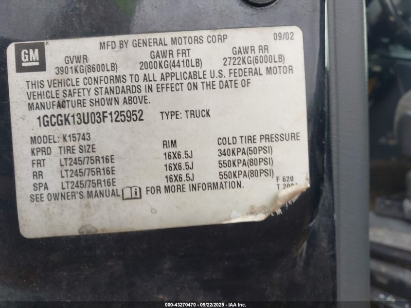 2003 Chevrolet Silverado 1500Hd Ls VIN: 1GCGK13U03F125952 Lot: 43270470
