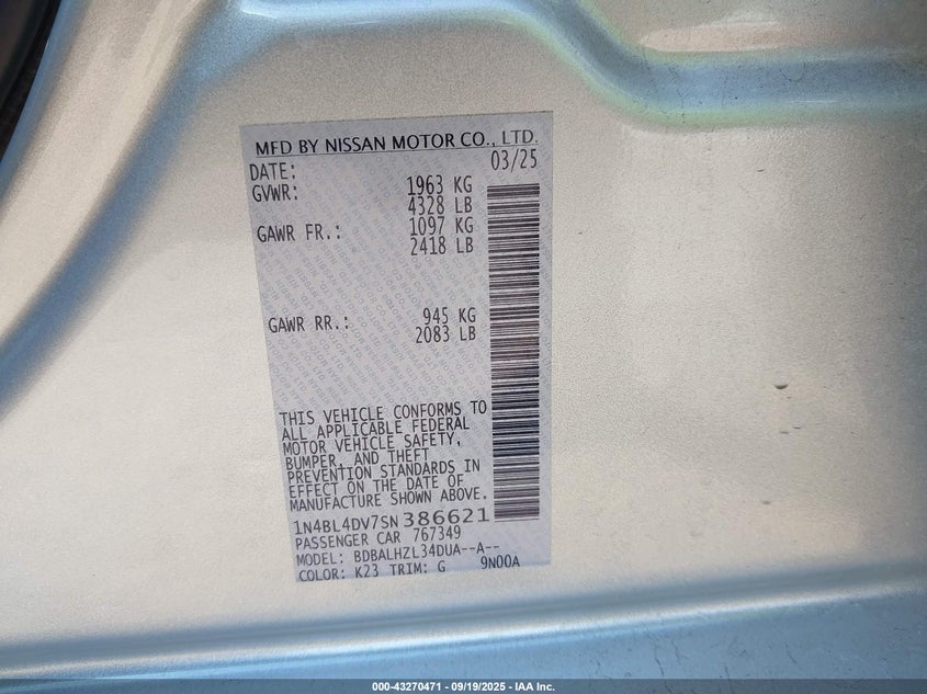 2025 NISSAN ALTIMA SV FWD - 1N4BL4DV7SN386621