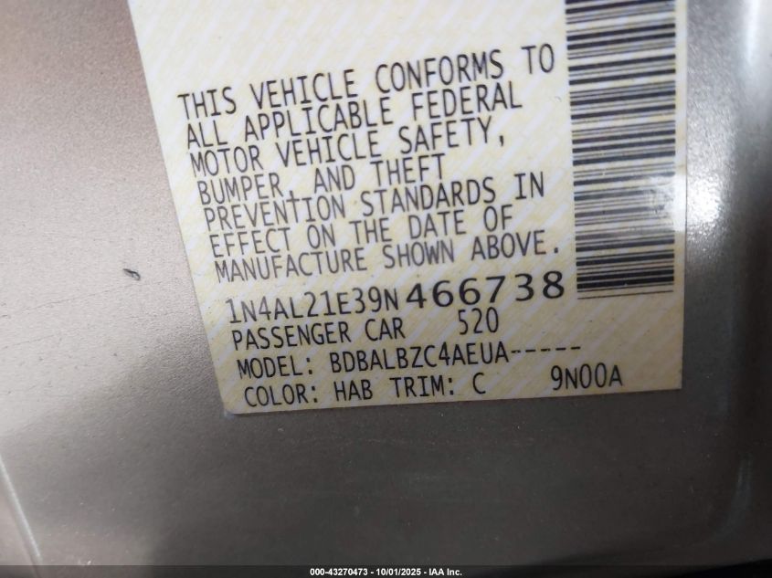 2009 Nissan Altima 2.5 S VIN: 1N4AL21E39N466738 Lot: 43270473