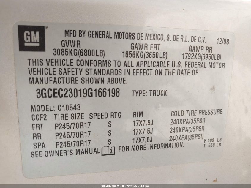 2009 Chevrolet Silverado 1500 Lt VIN: 3GCEC23019G166198 Lot: 43270479