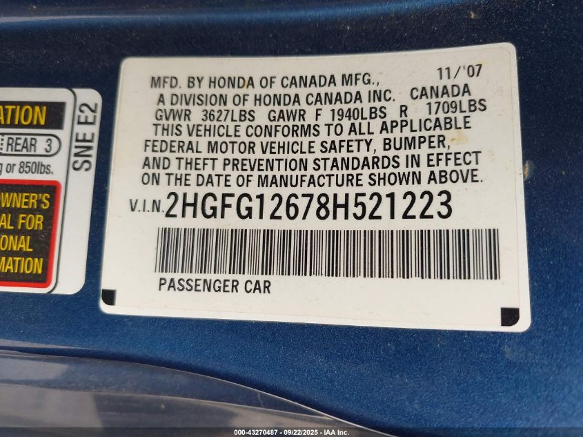 2008 Honda Civic Lx VIN: 2HGFG12678H521223 Lot: 43270487