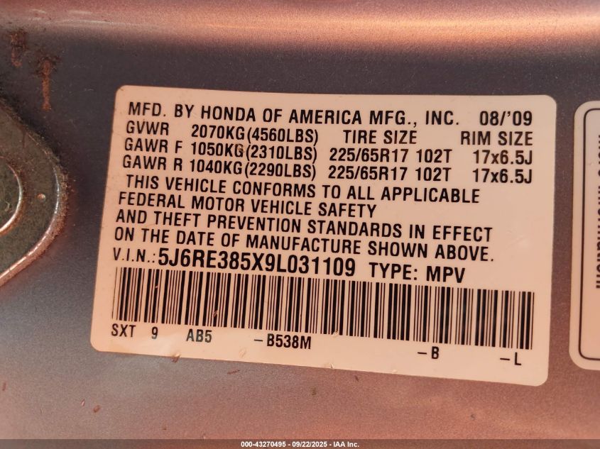 2009 Honda Cr-V Ex VIN: 5J6RE385X9L031109 Lot: 43270495