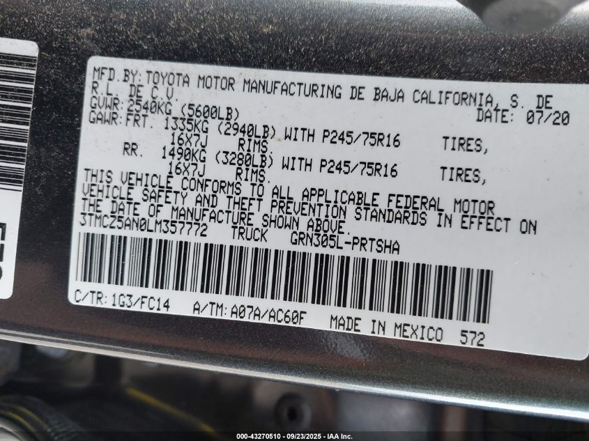 2020 Toyota Tacoma Sr5 V6 VIN: 3TMCZ5AN0LM357772 Lot: 43270510