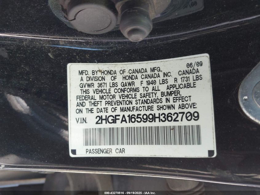 2009 Honda Civic Lx VIN: 2HGFA16599H362709 Lot: 43270516