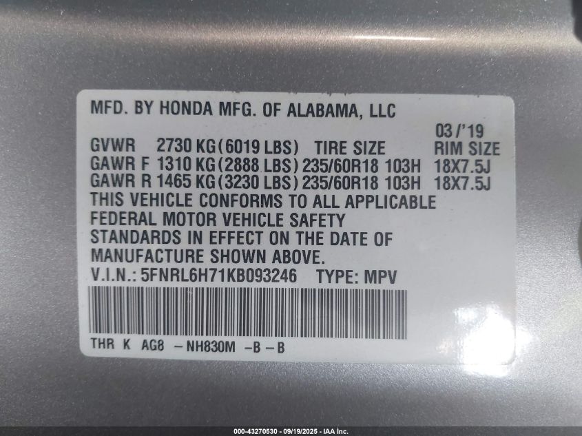 2019 Honda Odyssey Ex-L VIN: 5FNRL6H71KB093246 Lot: 43270530