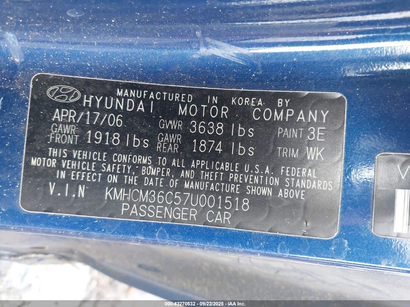 2007 Hyundai Accent Gs VIN: KMHCM36C57U001518 Lot: 43270532