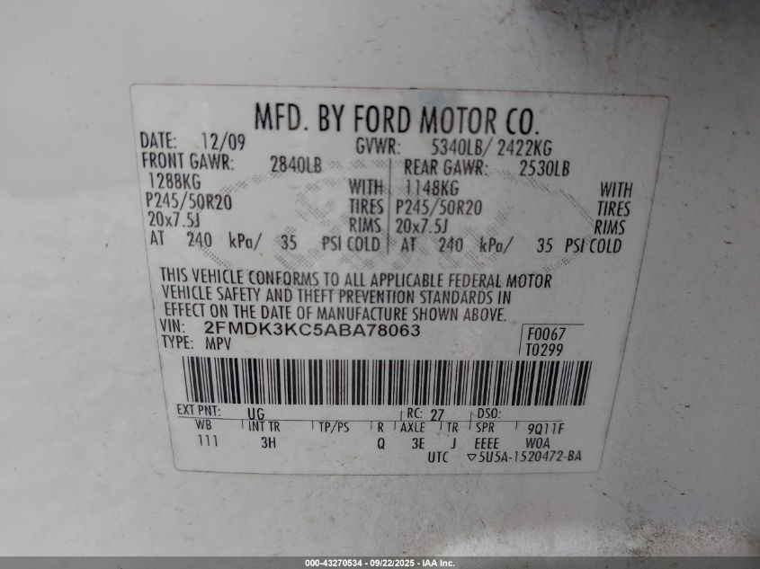 2010 Ford Edge Limited VIN: 2FMDK3KC5ABA78063 Lot: 43270534