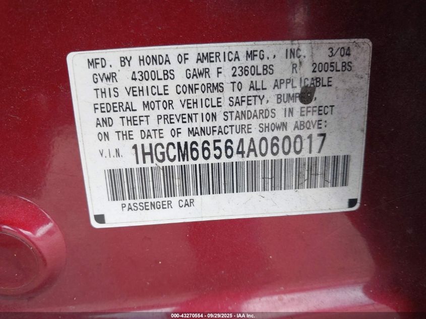 2004 Honda Accord 3.0 Ex VIN: 1HGCM66564A060017 Lot: 43270554