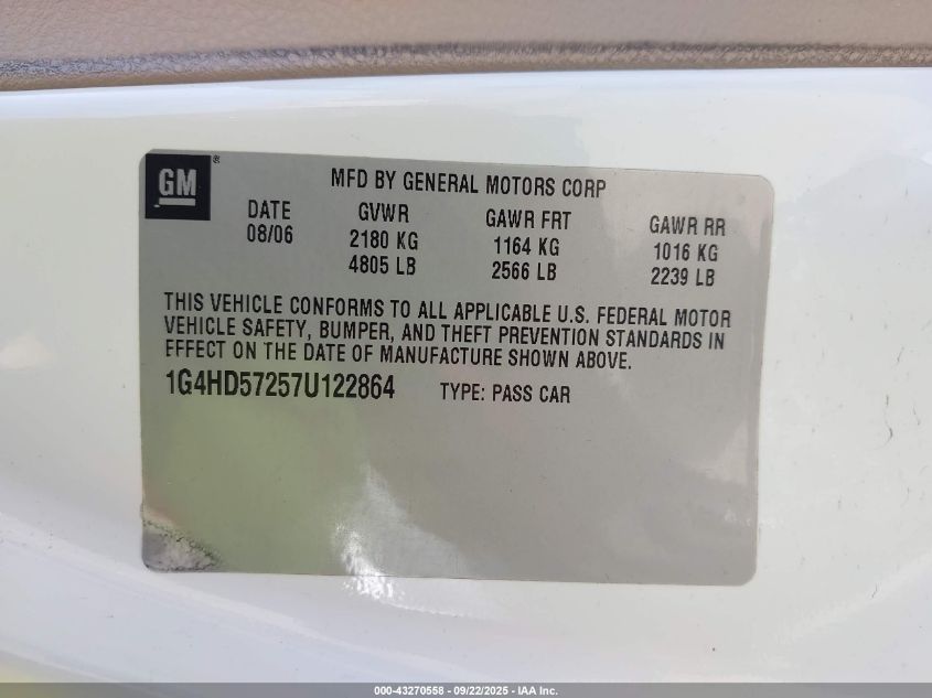 2007 Buick Lucerne Cxl VIN: 1G4HD57257U122864 Lot: 43270558