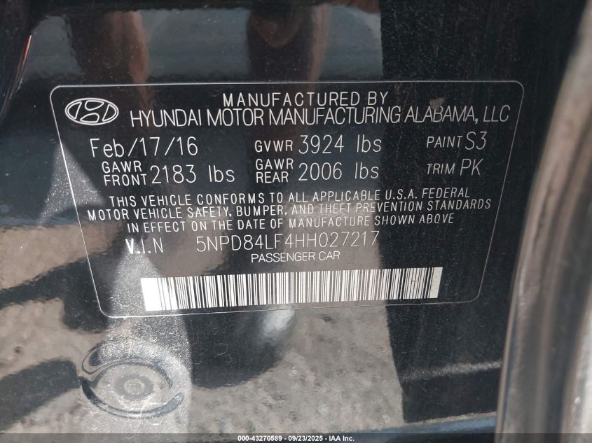 2017 Hyundai Elantra Se VIN: 5NPD84LF4HH027217 Lot: 43270589