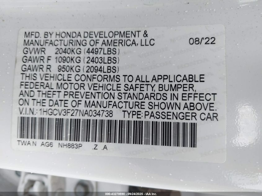 2022 Honda Accord Hybrid Sport VIN: 1HGCV3F27NA034738 Lot: 43270590