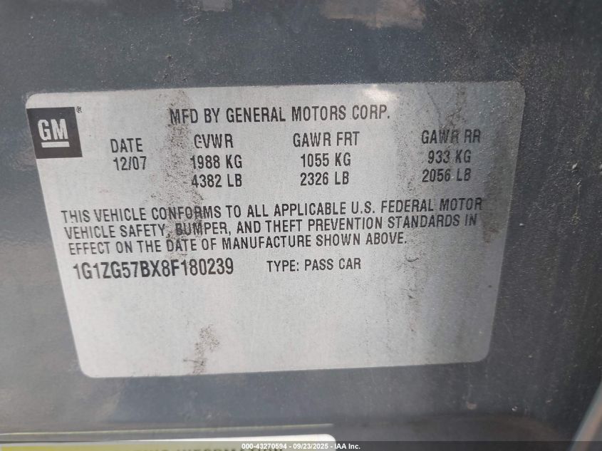 2008 Chevrolet Malibu Ls VIN: 1G1ZG57BX8F180239 Lot: 43270594