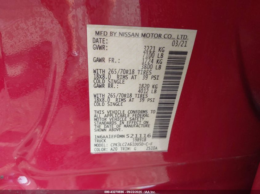 2021 Nissan Titan Sv 4X2 VIN: 1N6AA1EF0MN521116 Lot: 43270596