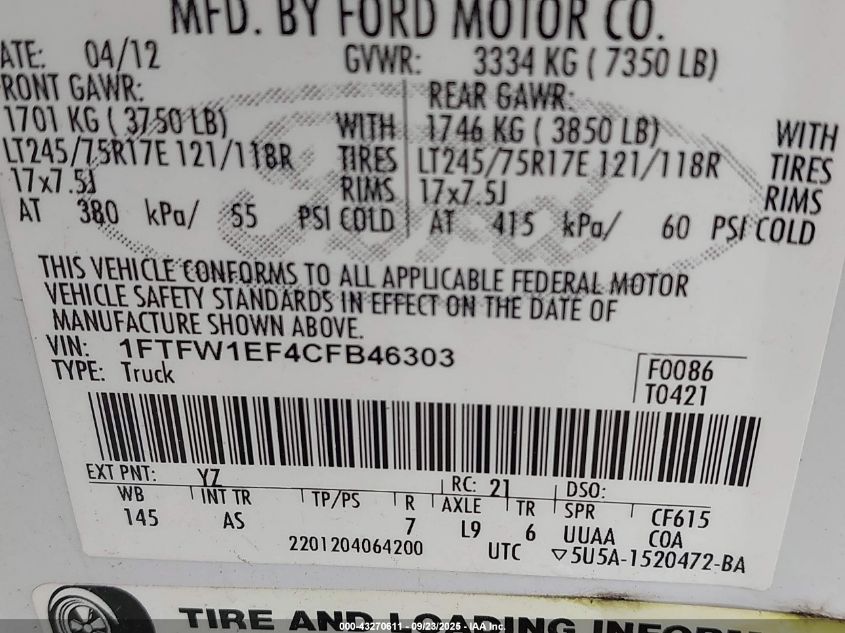 2012 Ford F-150 Xl VIN: 1FTFW1EF4CFB46303 Lot: 43270611