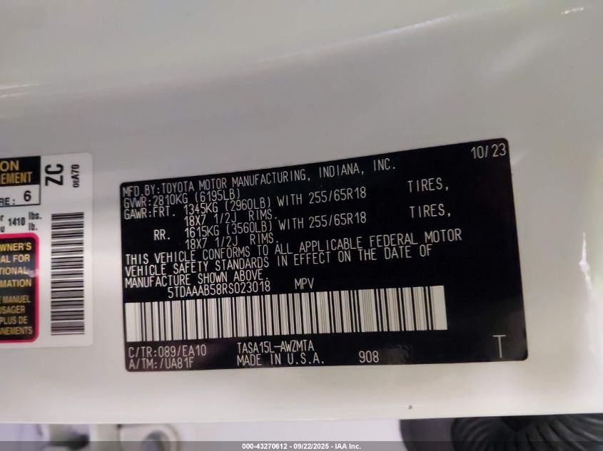 2024 Toyota Grand Highlander Xle VIN: 5TDAAAB58RS023018 Lot: 43270612