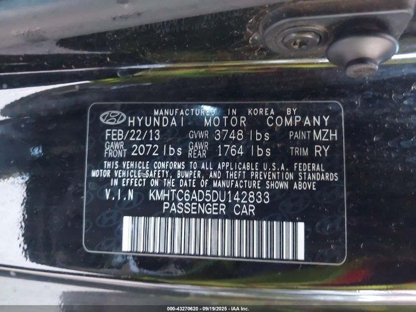 2013 Hyundai Veloster VIN: KMHTC6AD5DU142833 Lot: 43270620