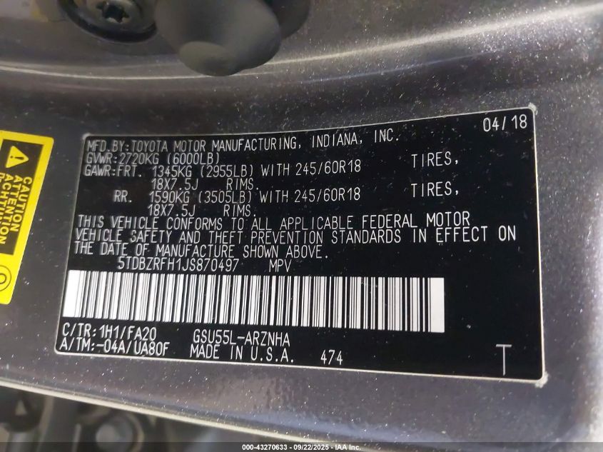 2018 Toyota Highlander Le Plus VIN: 5TDBZRFH1JS870497 Lot: 43270633