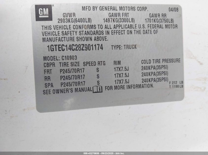 2008 GMC Sierra 1500 Work Truck VIN: 1GTEC14C28Z901174 Lot: 43270656