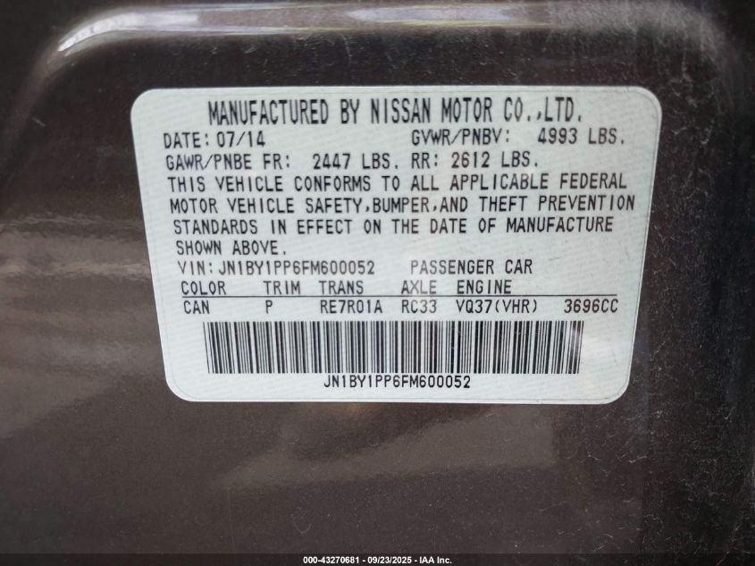 2015 Infiniti Q70L 3.7 VIN: JN1BY1PP6FM600052 Lot: 43270681