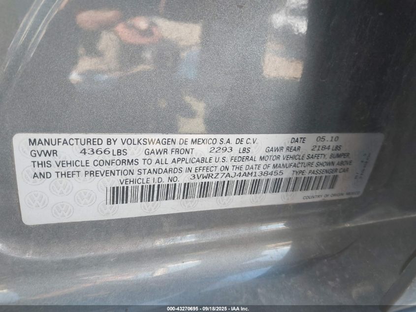 2010 Volkswagen Jetta Limited Edition VIN: 3VWRZ7AJ4AM138455 Lot: 43270695
