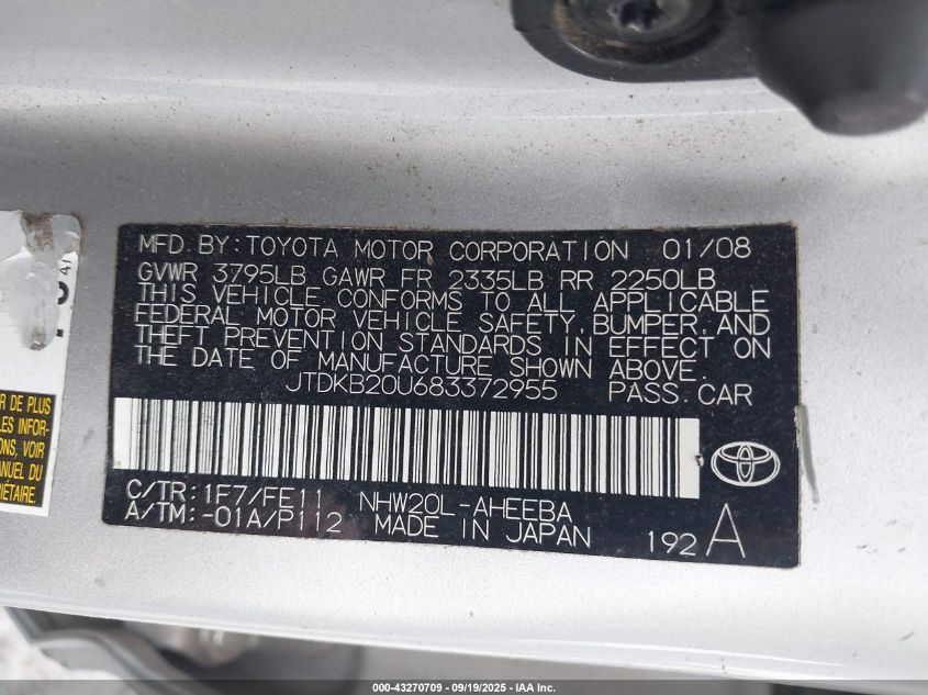 2008 Toyota Prius VIN: JTDKB20U683372955 Lot: 43270709