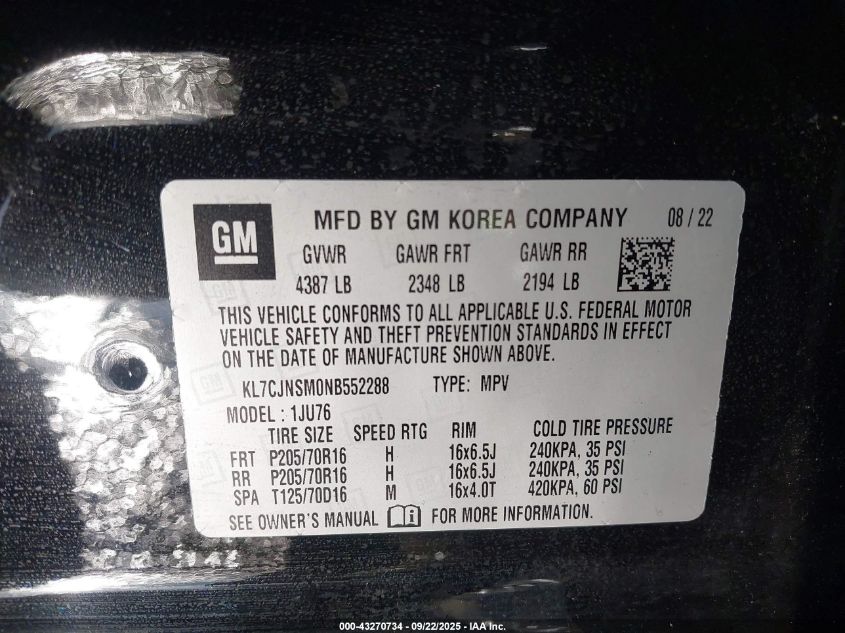 2022 Chevrolet Trax Awd Ls VIN: KL7CJNSM0NB552288 Lot: 43270734