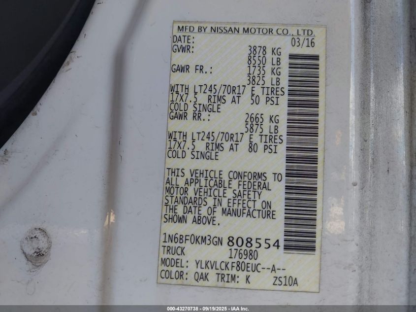 2016 Nissan Nv Cargo Nv1500 S V6 VIN: 1N6BF0KM3GN808554 Lot: 43270738