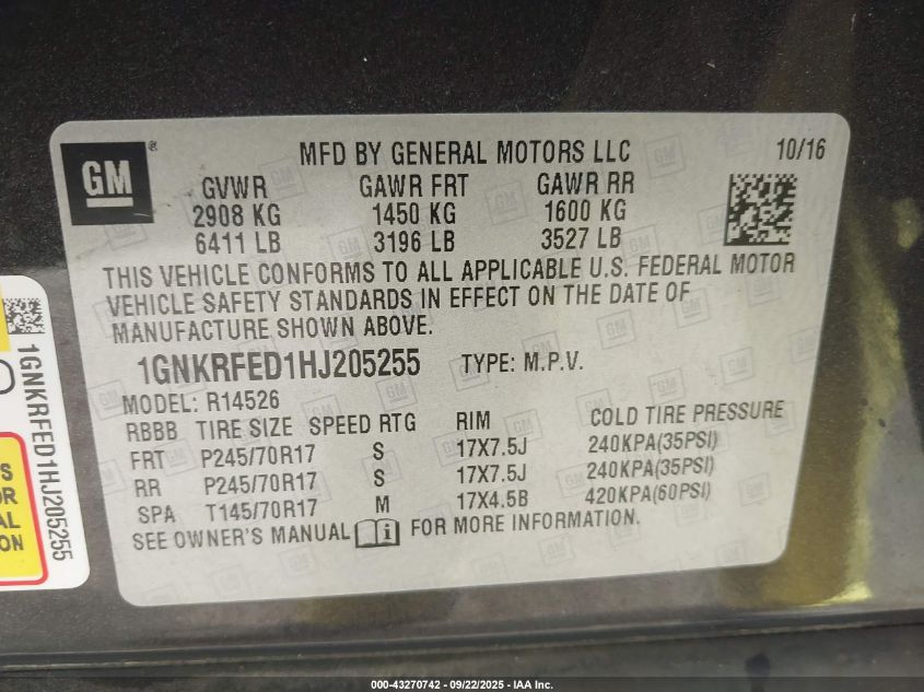 2017 Chevrolet Traverse Ls VIN: 1GNKRFED1HJ205255 Lot: 43270742