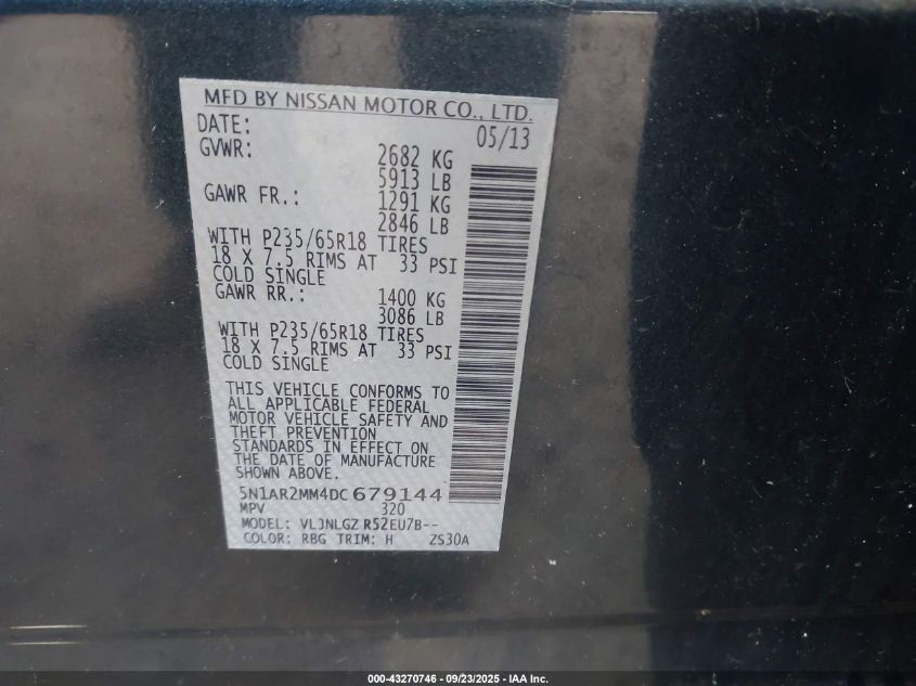 2013 Nissan Pathfinder Sl VIN: 5N1AR2MM4DC679144 Lot: 43270746
