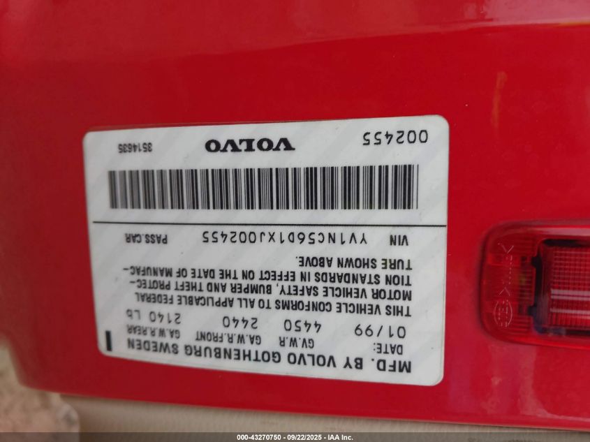 1999 Volvo C70 Turbo VIN: YV1NC56D1XJ002455 Lot: 43270750