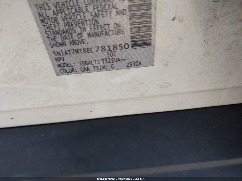 2014 Nissan Rogue Sv VIN: 5N1AT2MT8EC781850 Lot: 43270763