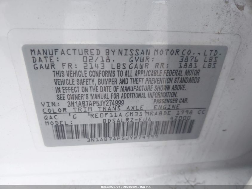 2018 Nissan Sentra Sr VIN: 3N1AB7AP5JY274999 Lot: 43270773