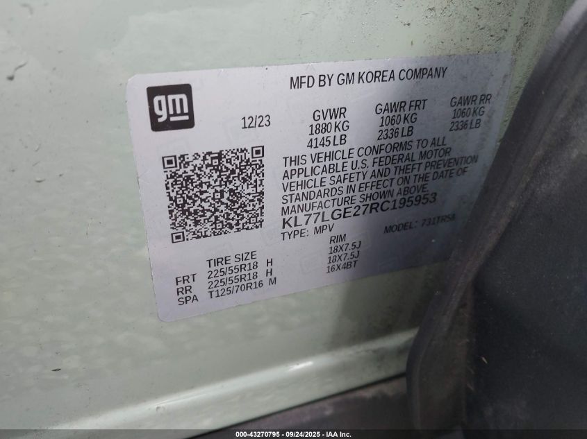 2024 Chevrolet Trax Fwd 1Rs VIN: KL77LGE27RC195953 Lot: 43270795