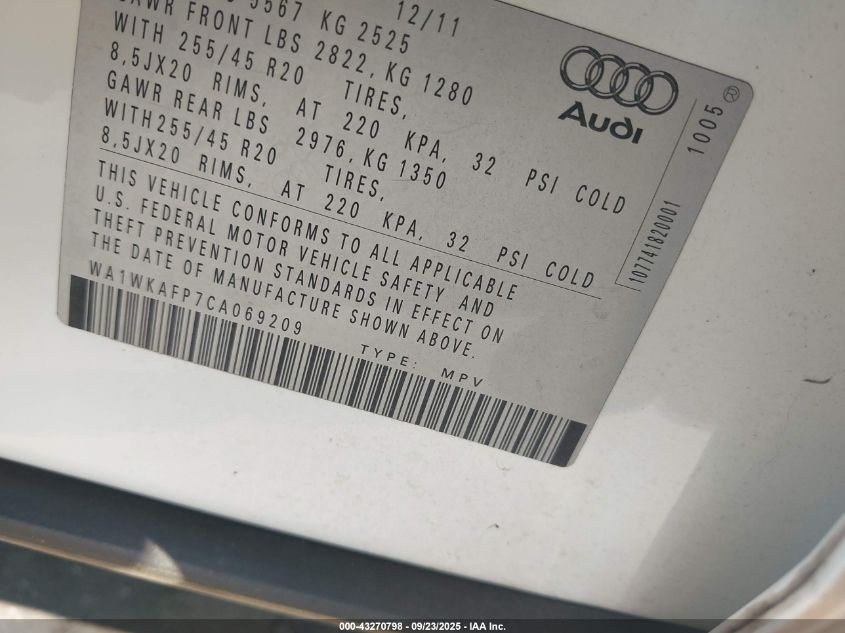 2012 Audi Q5 3.2 Premium VIN: WA1WKAFP7CA069209 Lot: 43270798