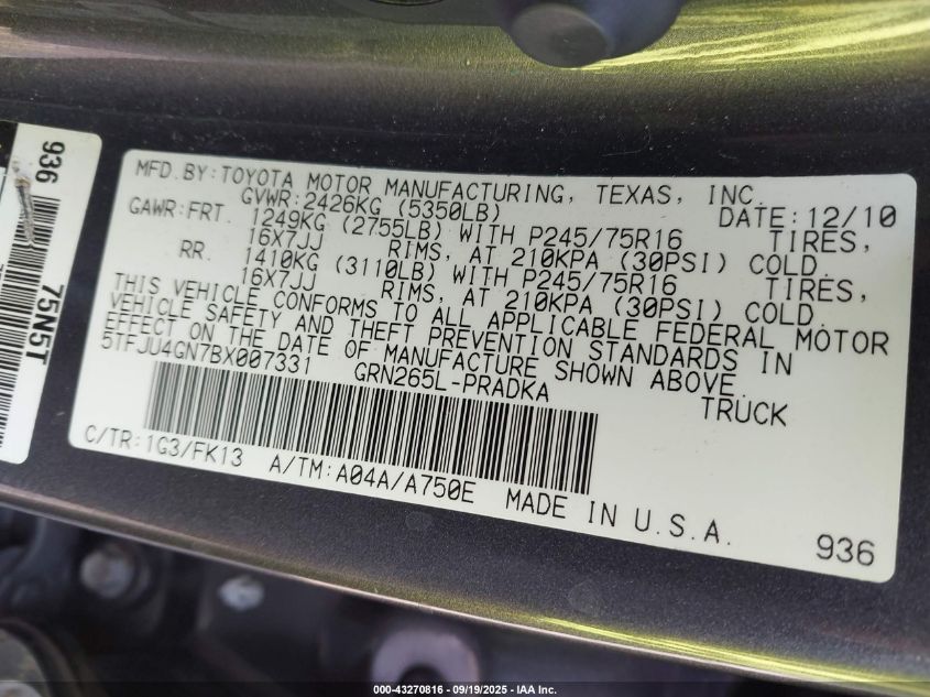 2011 Toyota Tacoma Prerunner V6 VIN: 5TFJU4GN7BX007331 Lot: 43270816