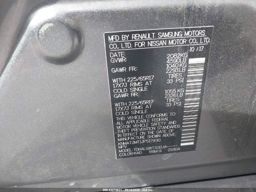 2018 Nissan Rogue Sv VIN: KNMAT2MT1JP517490 Lot: 43270831