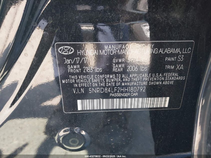 2017 Hyundai Elantra Value Edition VIN: 5NPD84LF2HH180792 Lot: 43270832