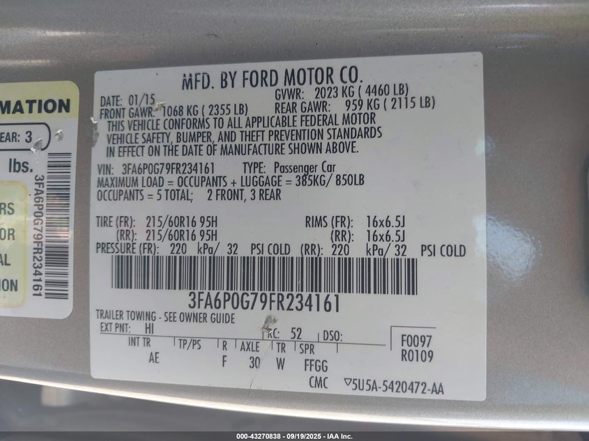 2015 Ford Fusion S VIN: 3FA6P0G79FR234161 Lot: 43270838