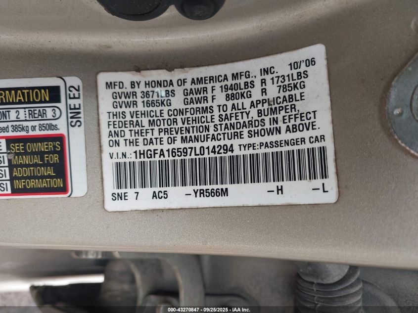 2007 Honda Civic Lx VIN: 1HGFA16597L014294 Lot: 43270847