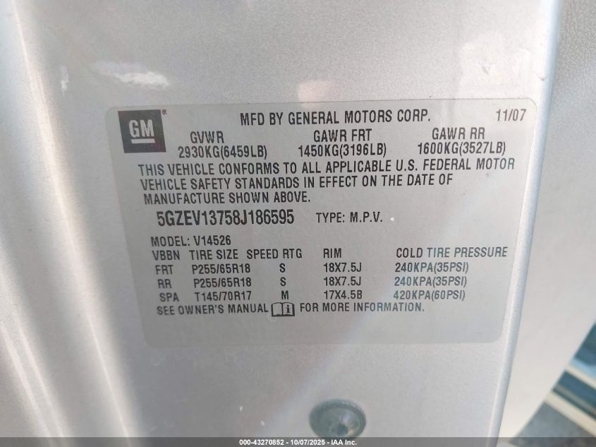 2008 Saturn Outlook Xe VIN: 5GZEV13758J186595 Lot: 43270852