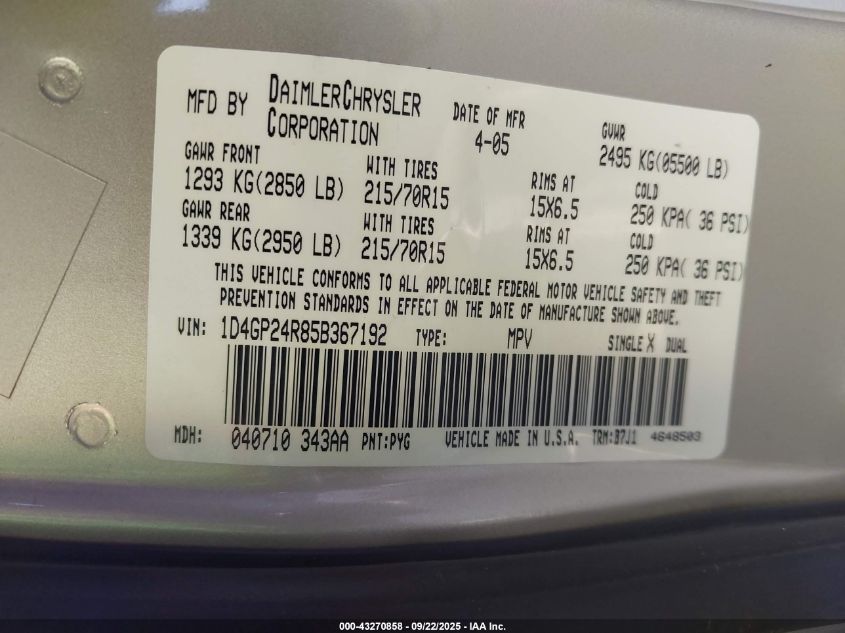 2005 Dodge Grand Caravan Se VIN: 1D4GP24R85B367192 Lot: 43270858