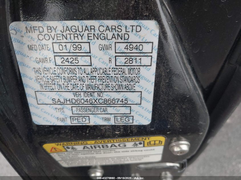 1999 Jaguar Xj8 L VIN: SAJHD6046XC866745 Lot: 43270860
