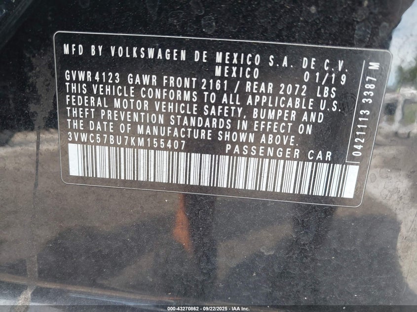 3VWC57BU7KM155407 2019 VOLKSWAGEN JETTA photo no. 9